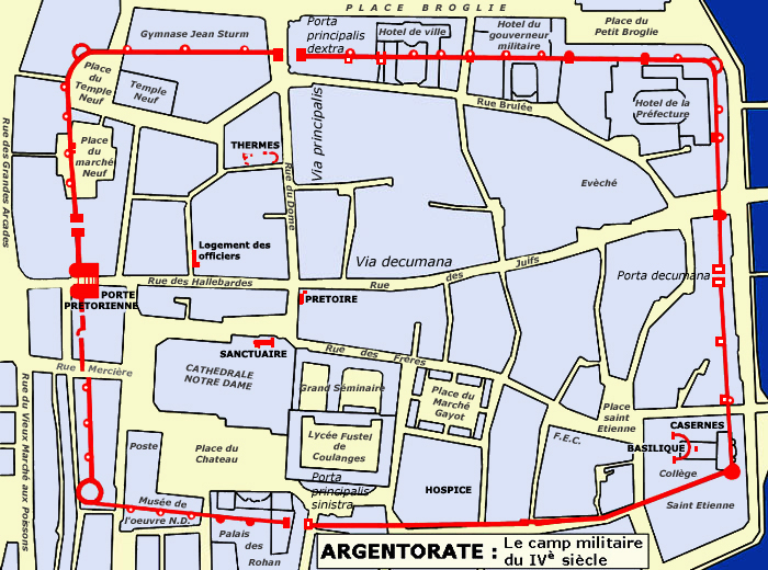 Castrum enclosure layout superimposed on Strasbourg's map