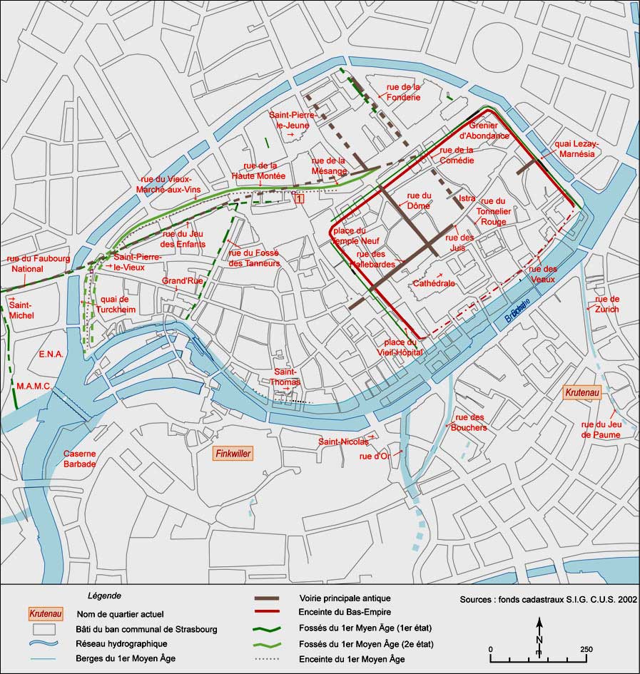 Map of the center of Strasbourg with the old walls