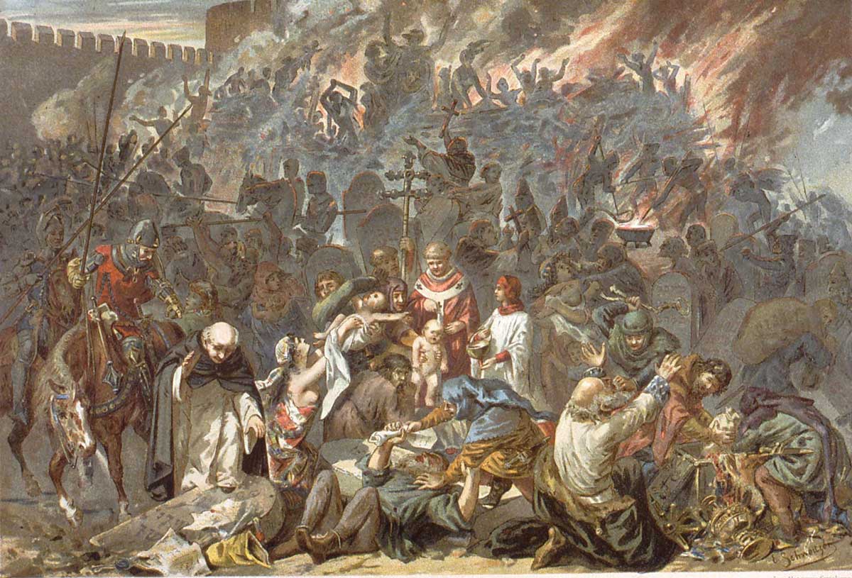 Painting by Émile Schweitzer representing Strasbourg people massacring Jews accused of spreading the Black Death on February 14th, 1349