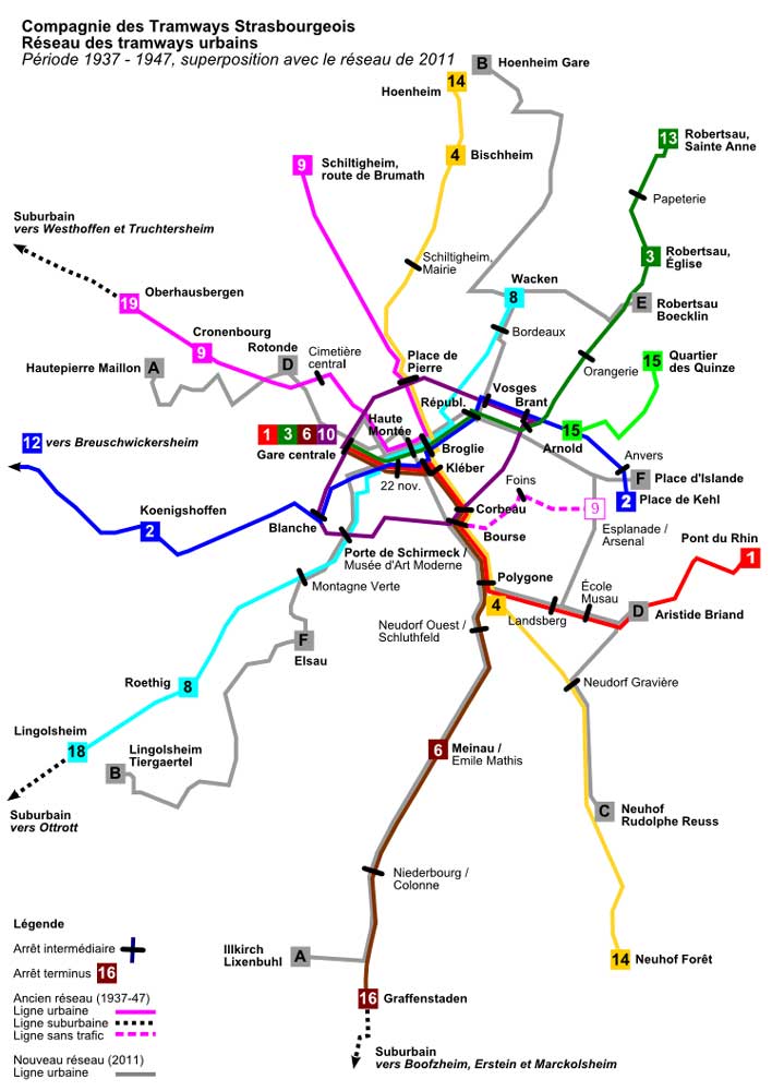 Plan du réseau urbain de la CTS, comparaison 1937-47 et 2011