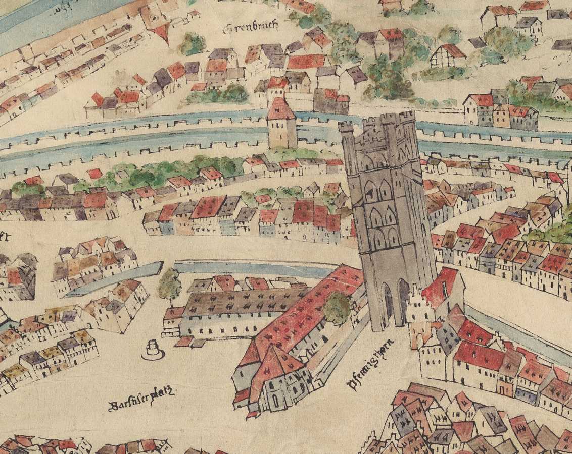 Détail du Plan Morant (1548) - Le Couvent des Franciscains et la Pfennigturm sur la place des Cordeliers
