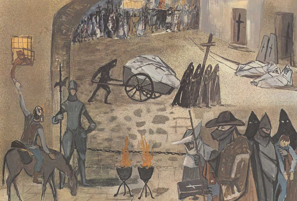 Tableau murale "La Peste au Moyen-Âge" de Ursula Fischer-Klemm en 1965