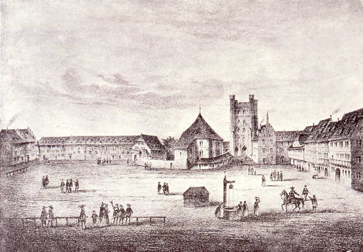 Anciennement place des cordeliers, le couvent des Franciscains et la Pfennigturm vers 1640