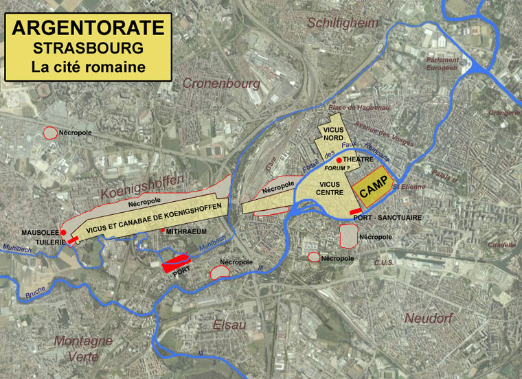 Map of the Roman city superimposed on the map of Strasbourg